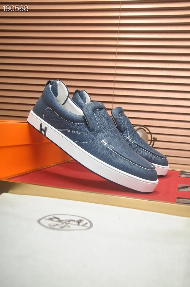Hermès Oran azul marino blanco cuero pebbled mocasín de slip-on 8