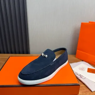 Hermès Oran नेवी सफेद सुड रबर सोल लोफर