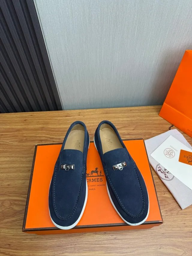 Hermès Oran Marinho Branco Camurça Solado de Borracha Mocassim 2