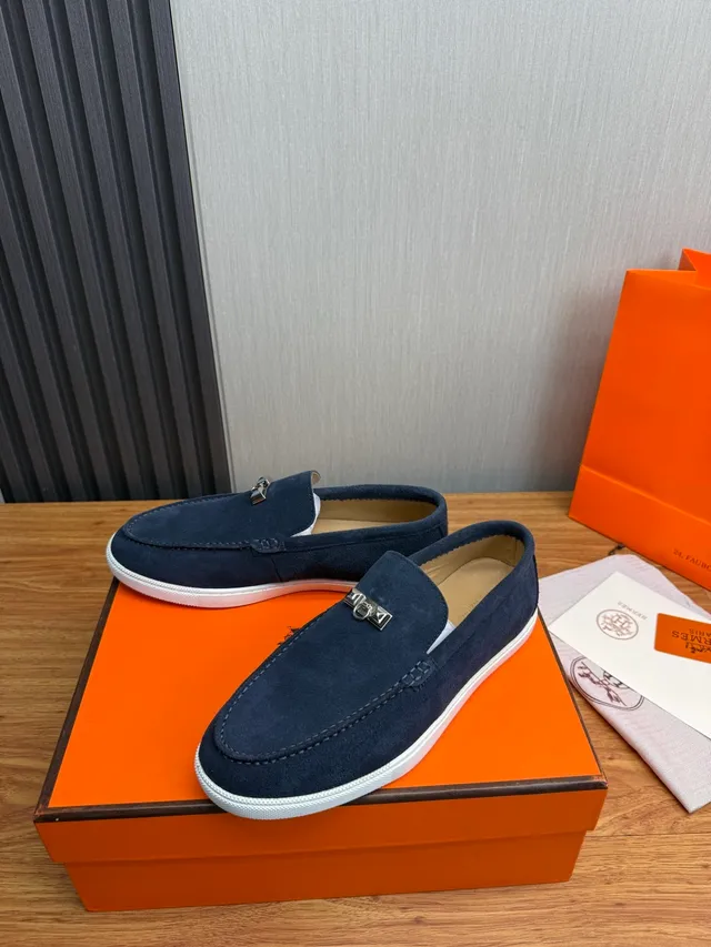 Hermès Oran Marinho Branco Camurça Solado de Borracha Mocassim 3