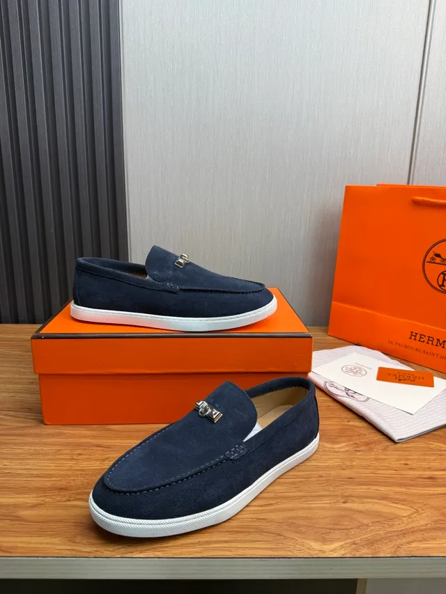 Hermès Oran Marinho Branco Camurça Solado de Borracha Mocassim 4