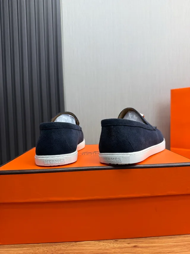 Hermès Oran Marinho Branco Camurça Solado de Borracha Mocassim 5