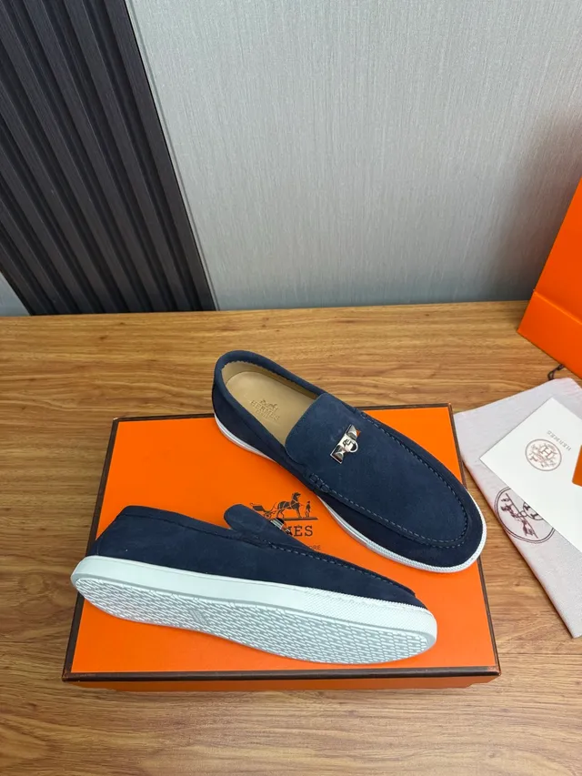 Hermès Oran Marinho Branco Camurça Solado de Borracha Mocassim 6