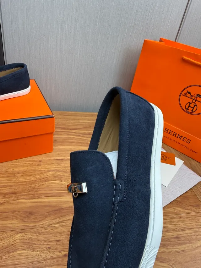 Hermès Oran Marinho Branco Camurça Solado de Borracha Mocassim 8