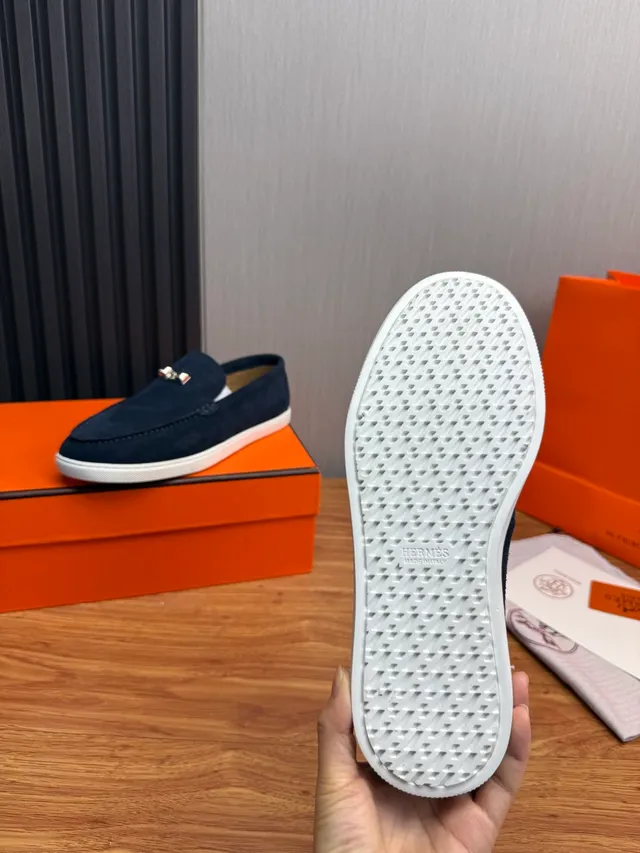 Hermès Oran Marinho Branco Camurça Solado de Borracha Mocassim 9