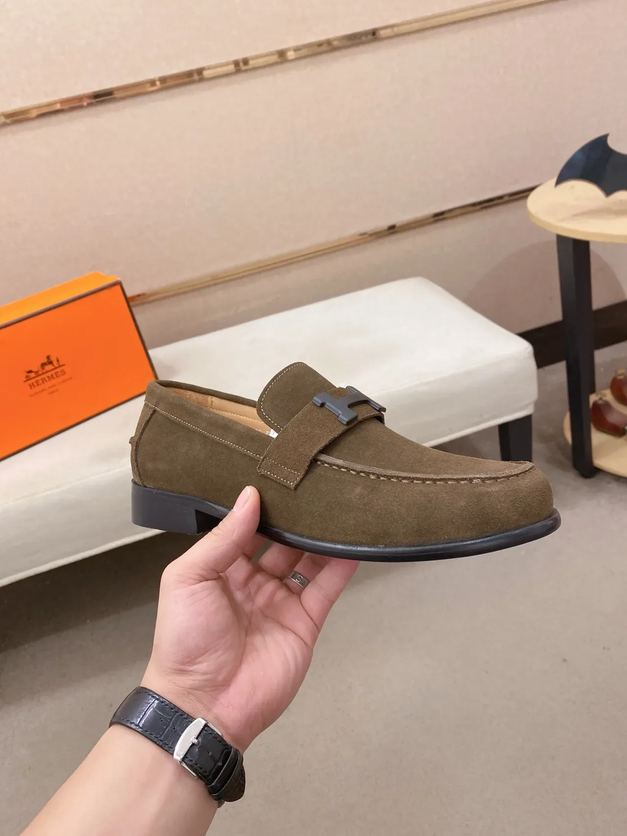 Hermès Oran Olive Green Suede H-Buckle Loafer 4