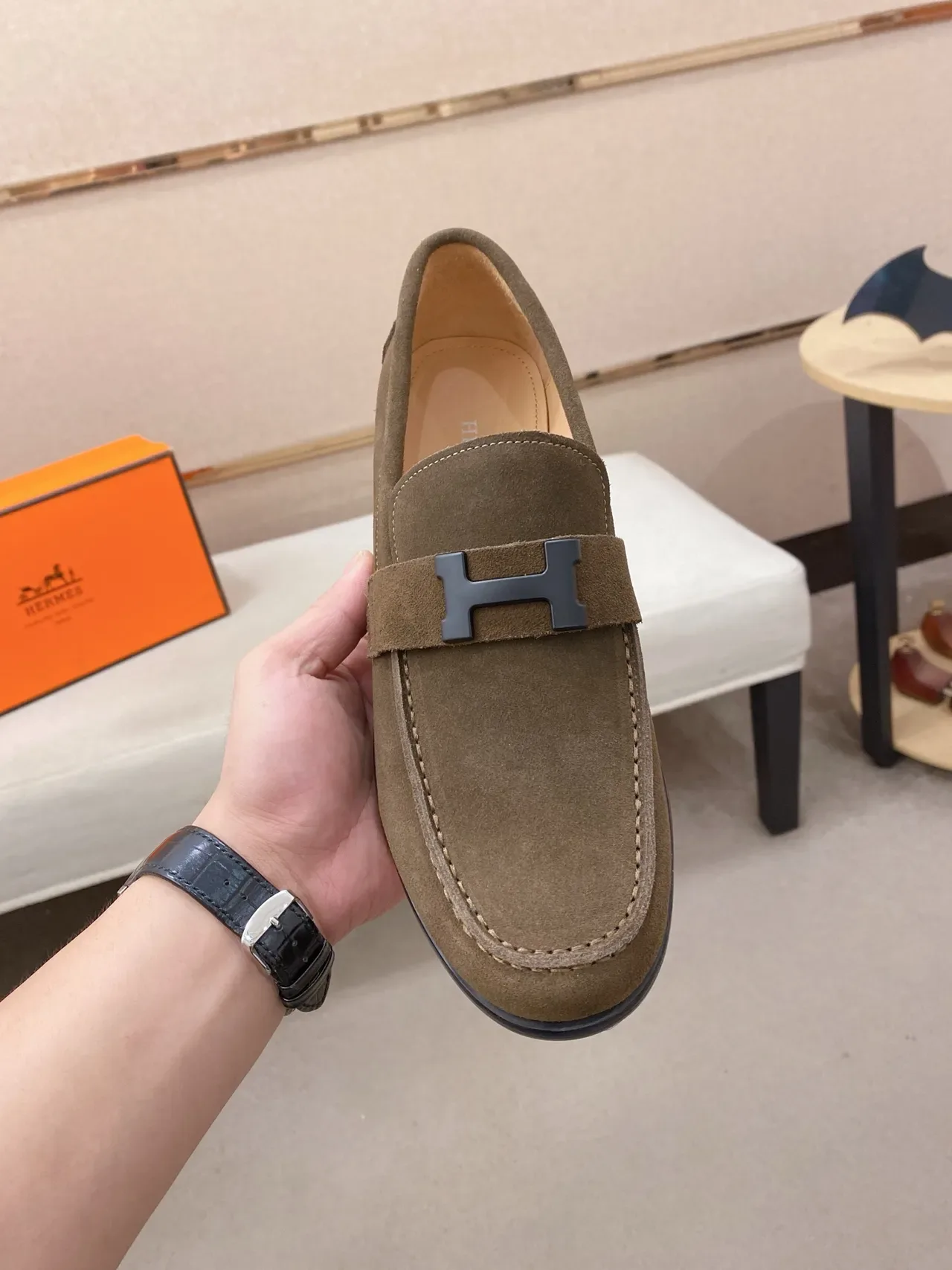 Hermès Oran Olive Green Suede H-Buckle Loafer 5