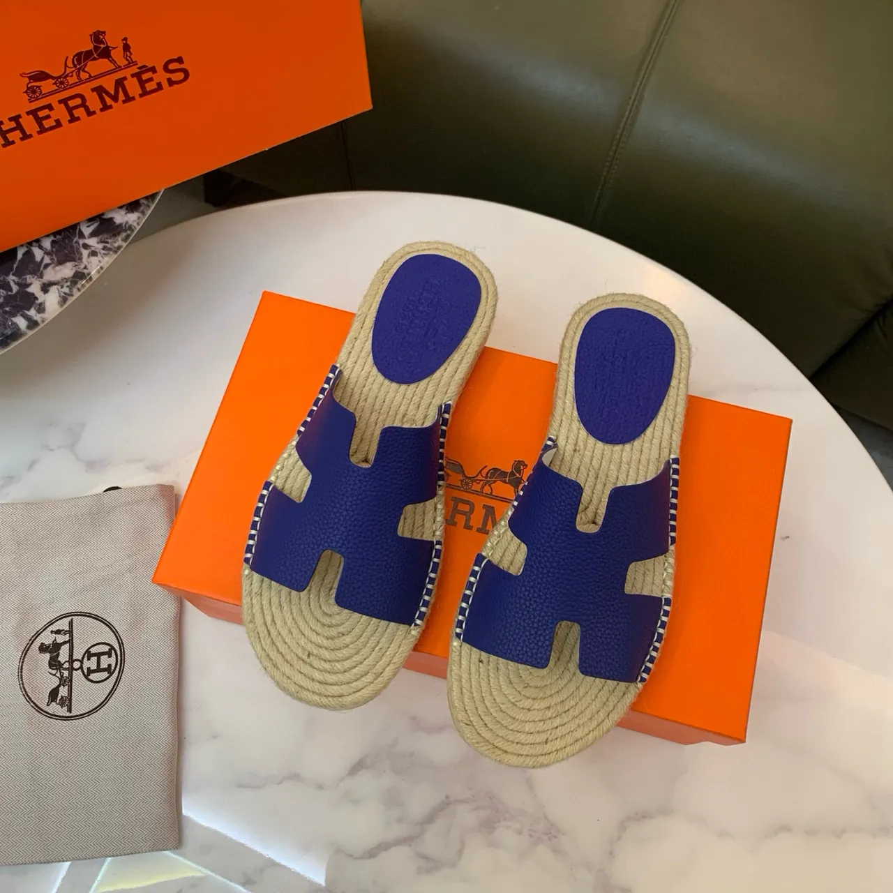Hermès Oran Royal Blue Leather H-Strap Jute Sole Slippers 2