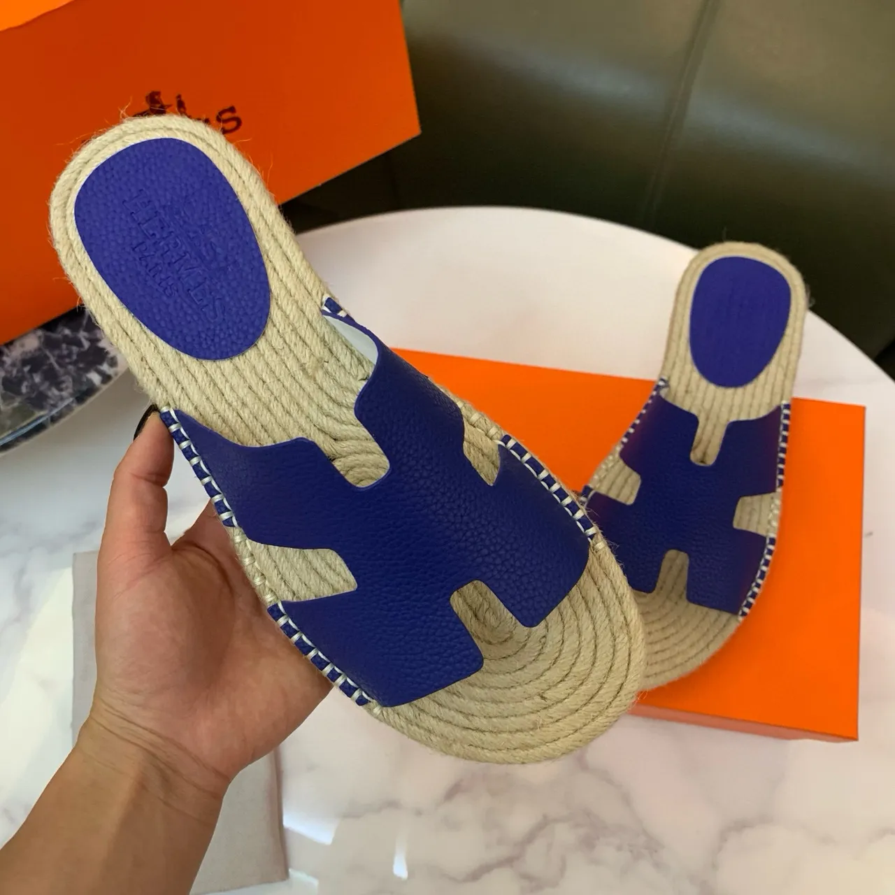 Hermès Oran Royal Blue Leather H-Strap Jute Sole Slippers 3