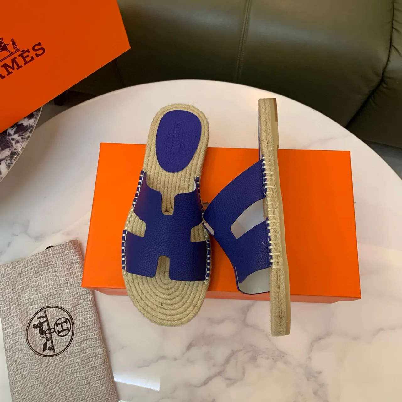 Hermès Oran Royal Blue Leather H-Strap Jute Sole Slippers 4