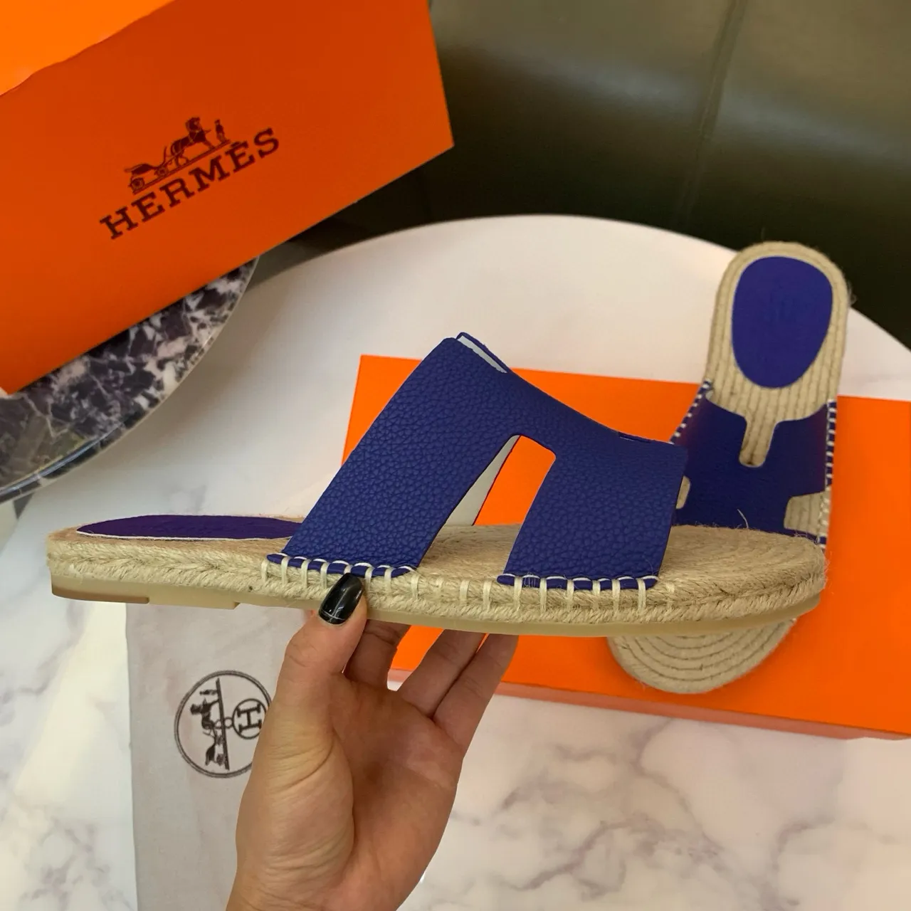 Hermès Oran Royal Blue Leather H-Strap Jute Sole Slippers 5