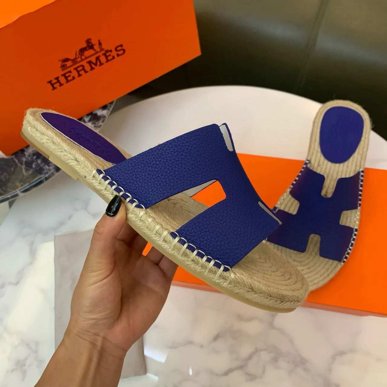 Hermès Oran Royal Blue Leather H-Strap Jute Sole Slippers 6