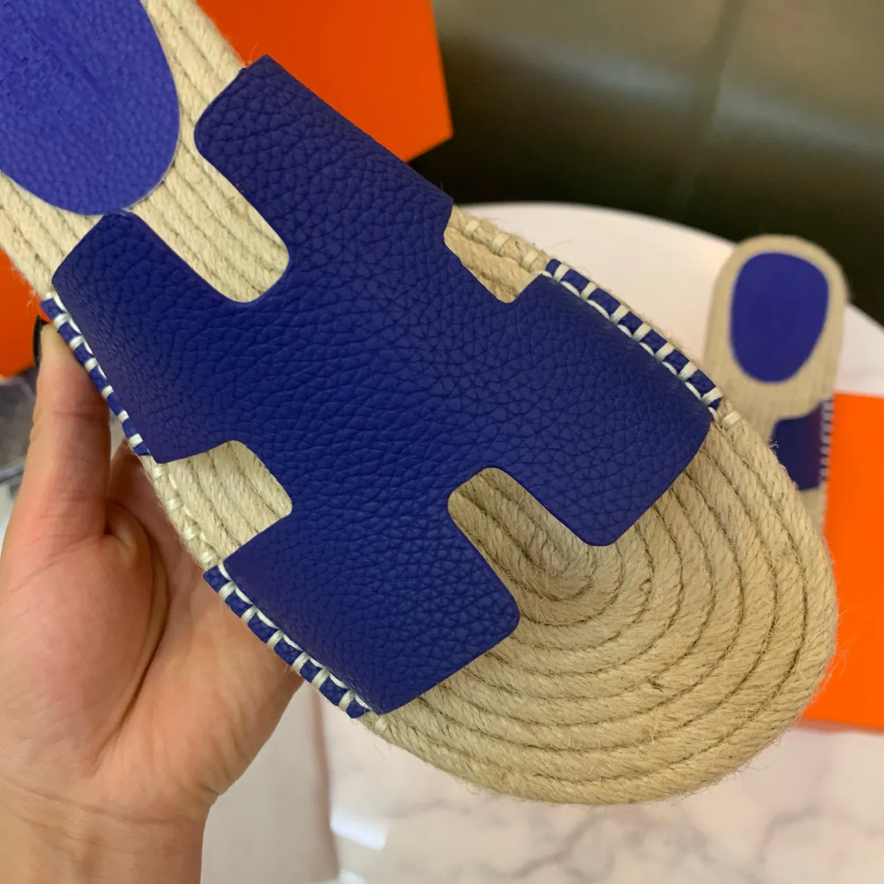 Hermès Oran Royal Blue Leather H-Strap Jute Sole Slippers 7