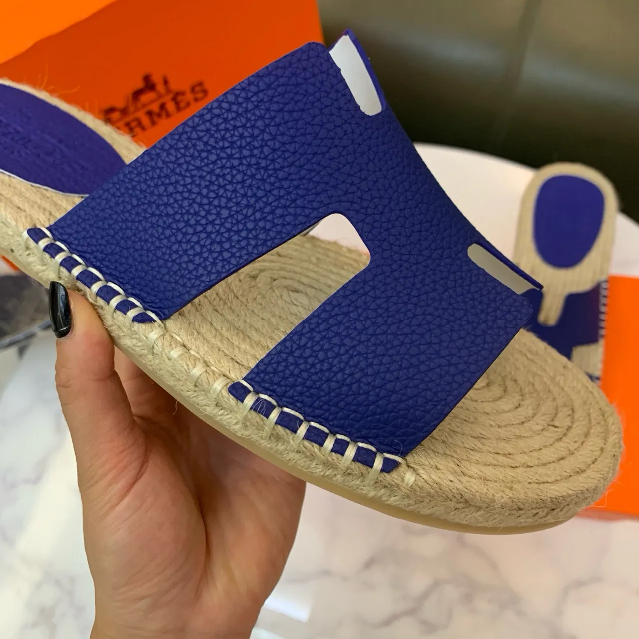 Hermès Oran Royal Blue Leather H-Strap Jute Sole Slippers 8