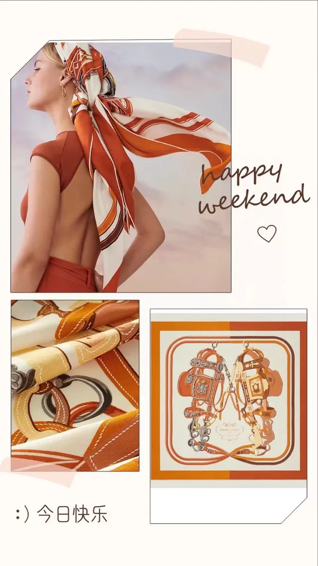 Hermès Orange Beige Imprimé Motif Équestre Détail de Couture en Contour Écharpe en Soie 3
