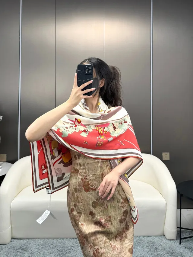 Hermès Printed Cartoon Motif Red Silk Scarf 3