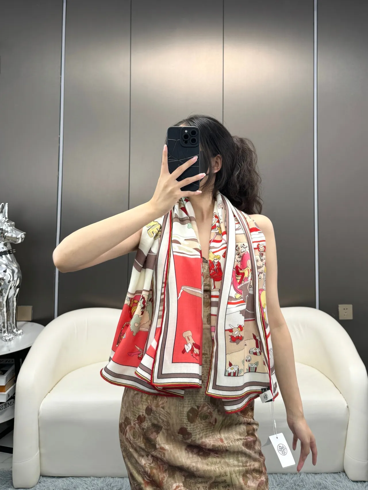 Hermès Printed Cartoon Motif Red Silk Scarf 4