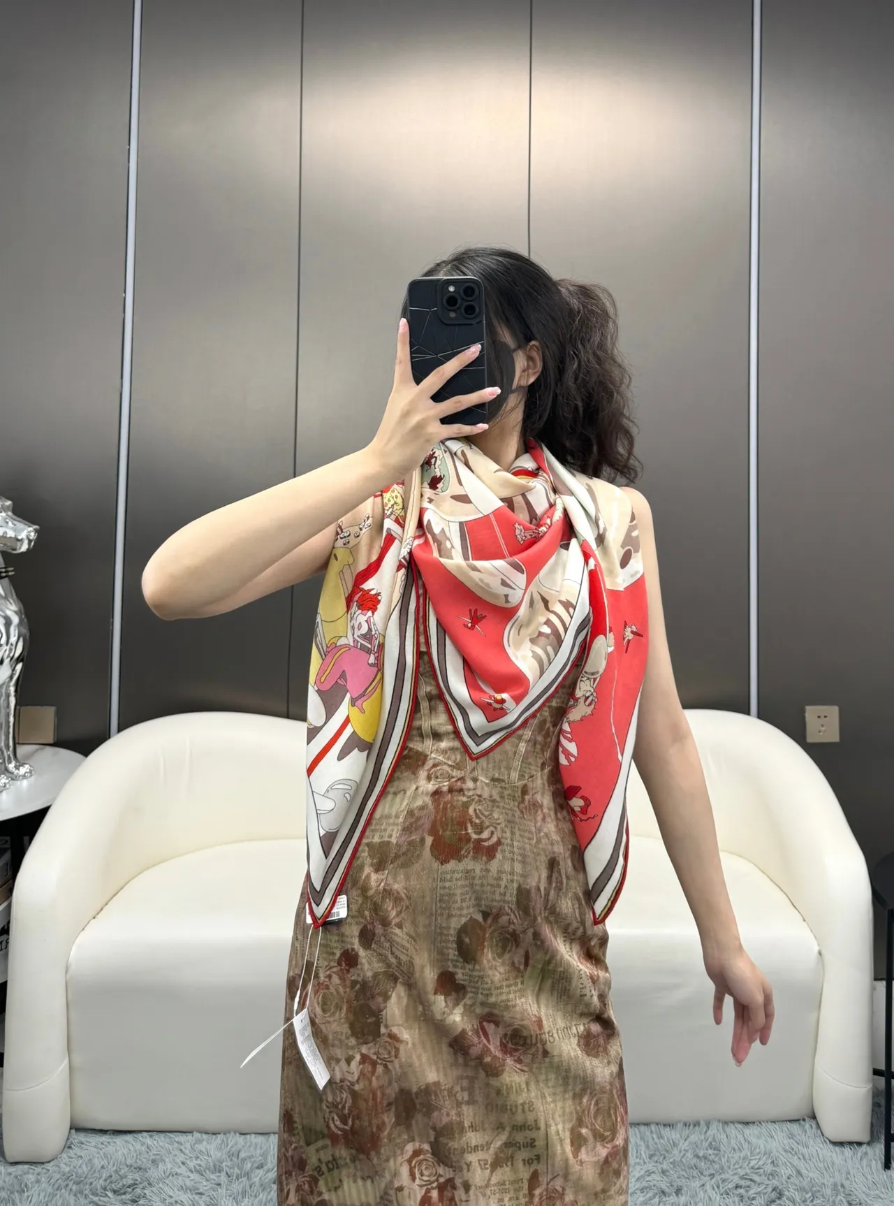 Hermès Printed Cartoon Motif Red Silk Scarf 5