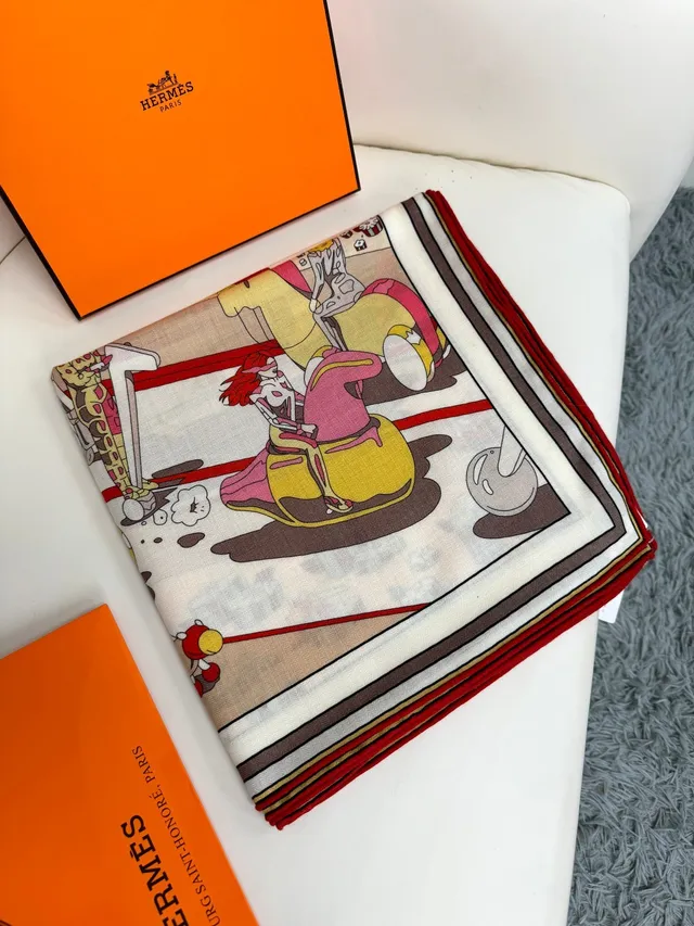 Hermès Printed Cartoon Motif Red Silk Scarf 7