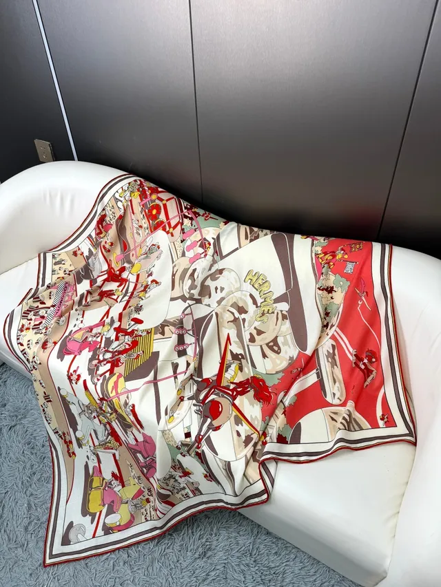 Hermès Printed Cartoon Motif Red Silk Scarf 8