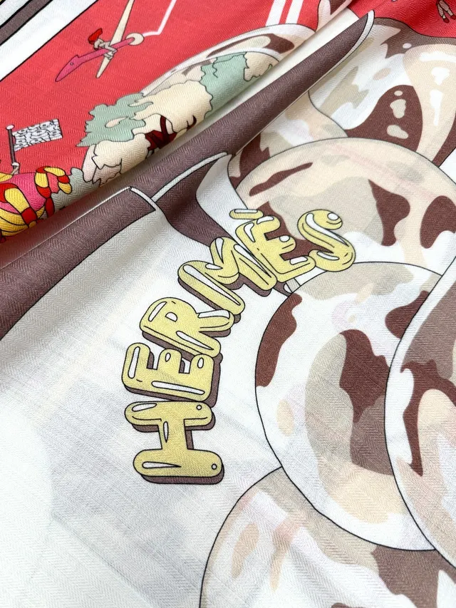 Hermès Printed Cartoon Motif Red Silk Scarf 9