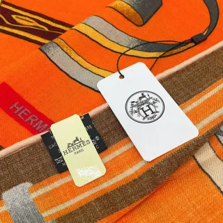 Hermès Printed Equestrian Motif Orange Silk Scarf
