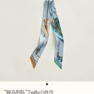 Hermès Twilly Blue Green Narrow Printed Equestrian Motif Silk Scarf