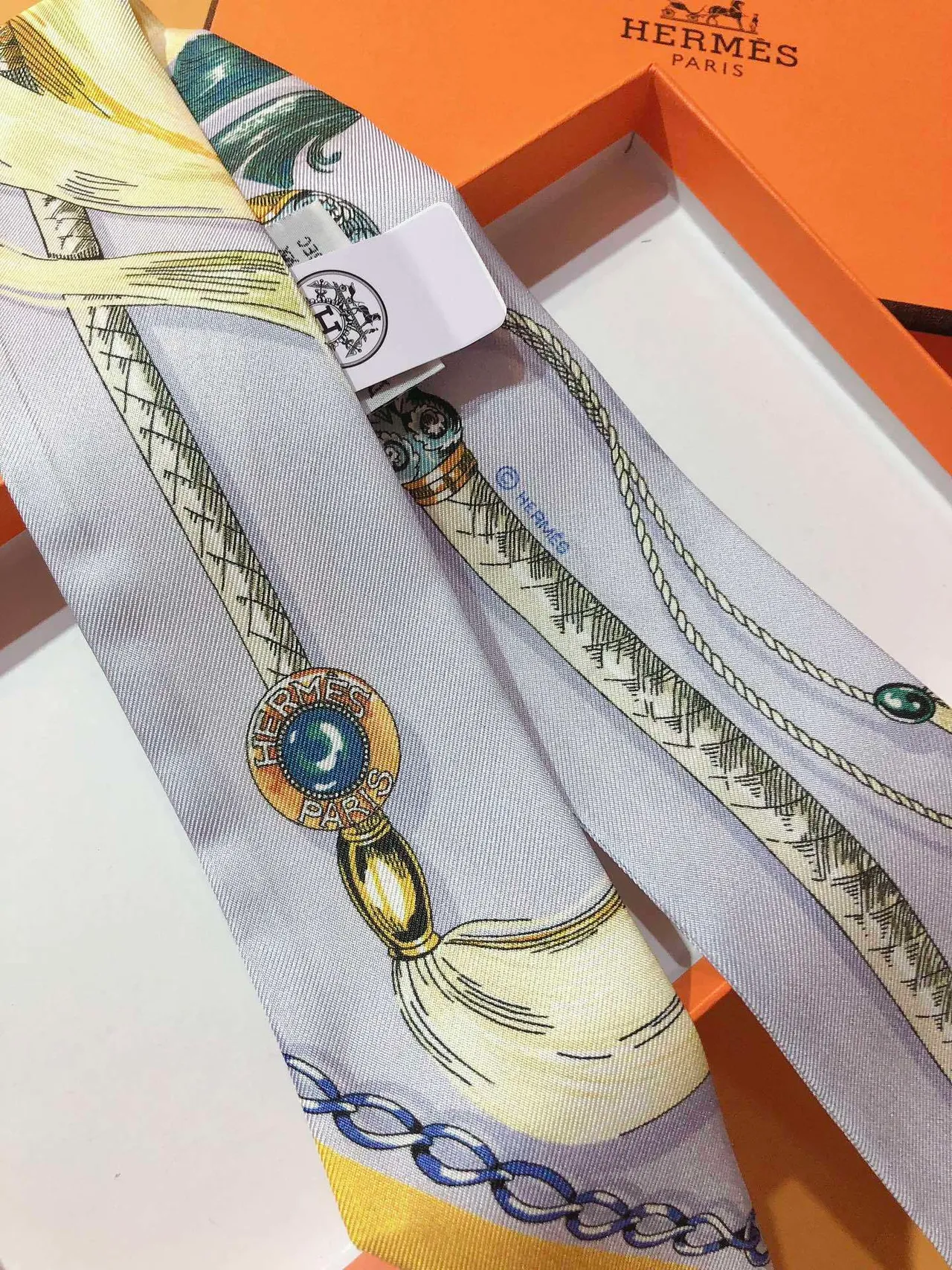Hermès Twilly नीला हरा संकुचित मुद्रित अश्वारोही प्रतीक रेशम स्कार्फ 7
