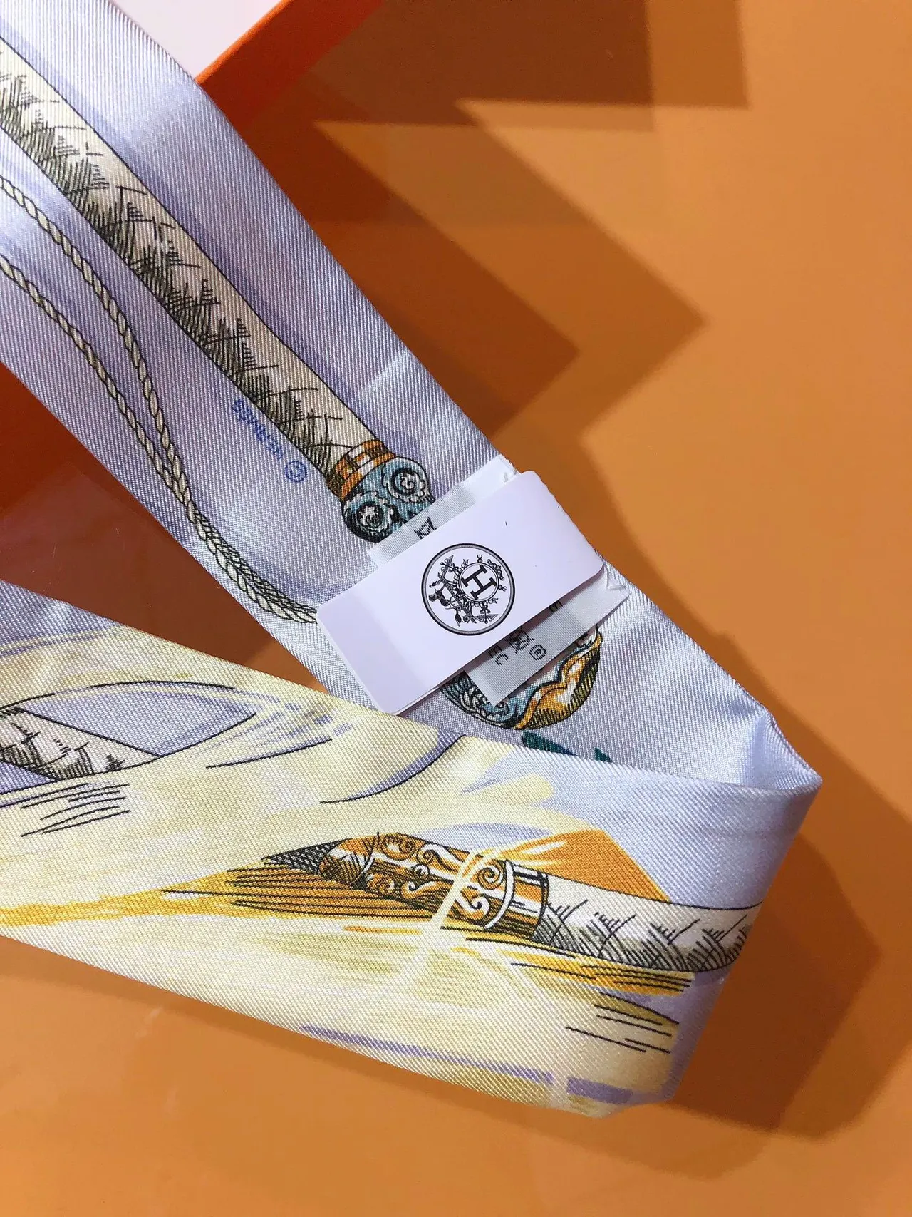 Hermès Twilly नीला हरा संकुचित मुद्रित अश्वारोही प्रतीक रेशम स्कार्फ 8