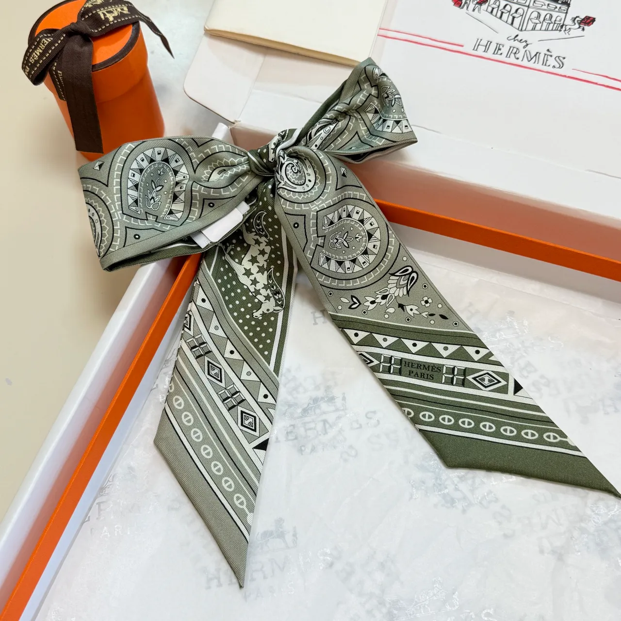 Hermès Twilly Vert et Blanc Étroit Allongé Silhouette Imprimé Paisley et Motifs Équestres Écharpe de Soie 2