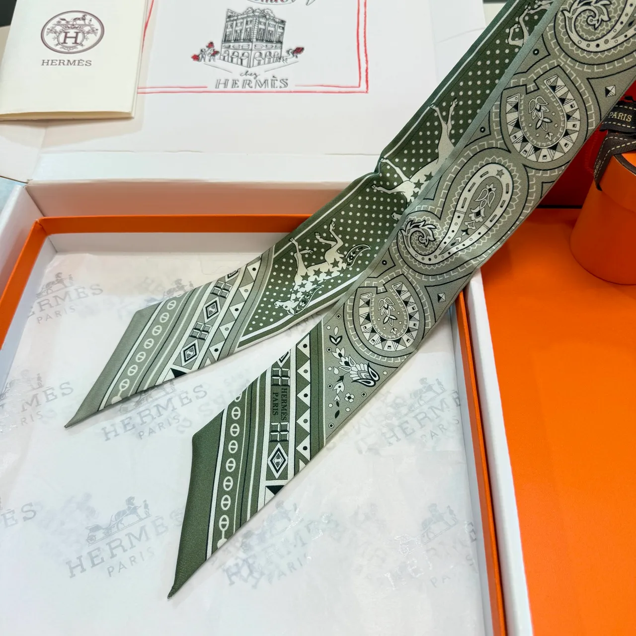 Hermès Twilly Vert et Blanc Étroit Allongé Silhouette Imprimé Paisley et Motifs Équestres Écharpe de Soie 5