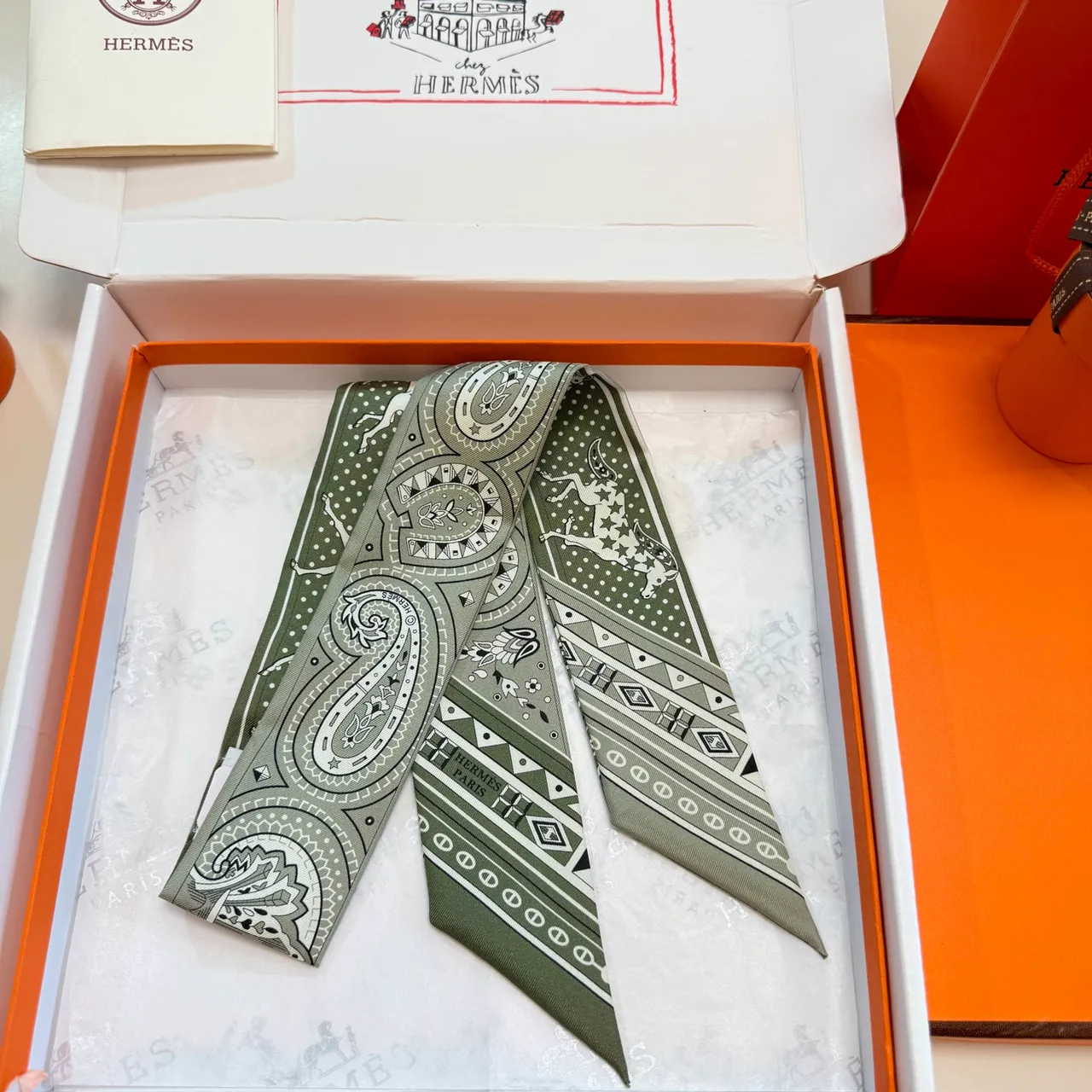 Hermès Twilly Vert et Blanc Étroit Allongé Silhouette Imprimé Paisley et Motifs Équestres Écharpe de Soie 6