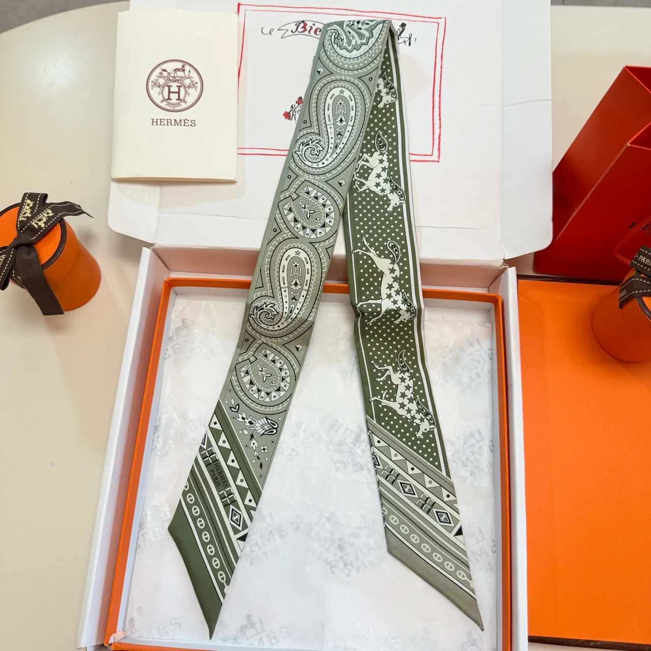 Hermès Twilly Vert et Blanc Étroit Allongé Silhouette Imprimé Paisley et Motifs Équestres Écharpe de Soie 7