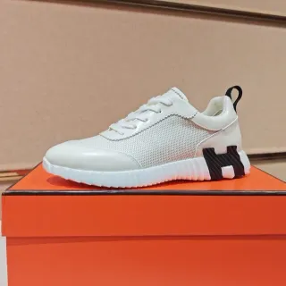 Hermès 白黑网面皮革鞋面 带肋纹 H-Logo 鞋跟支架 生活方式运动鞋