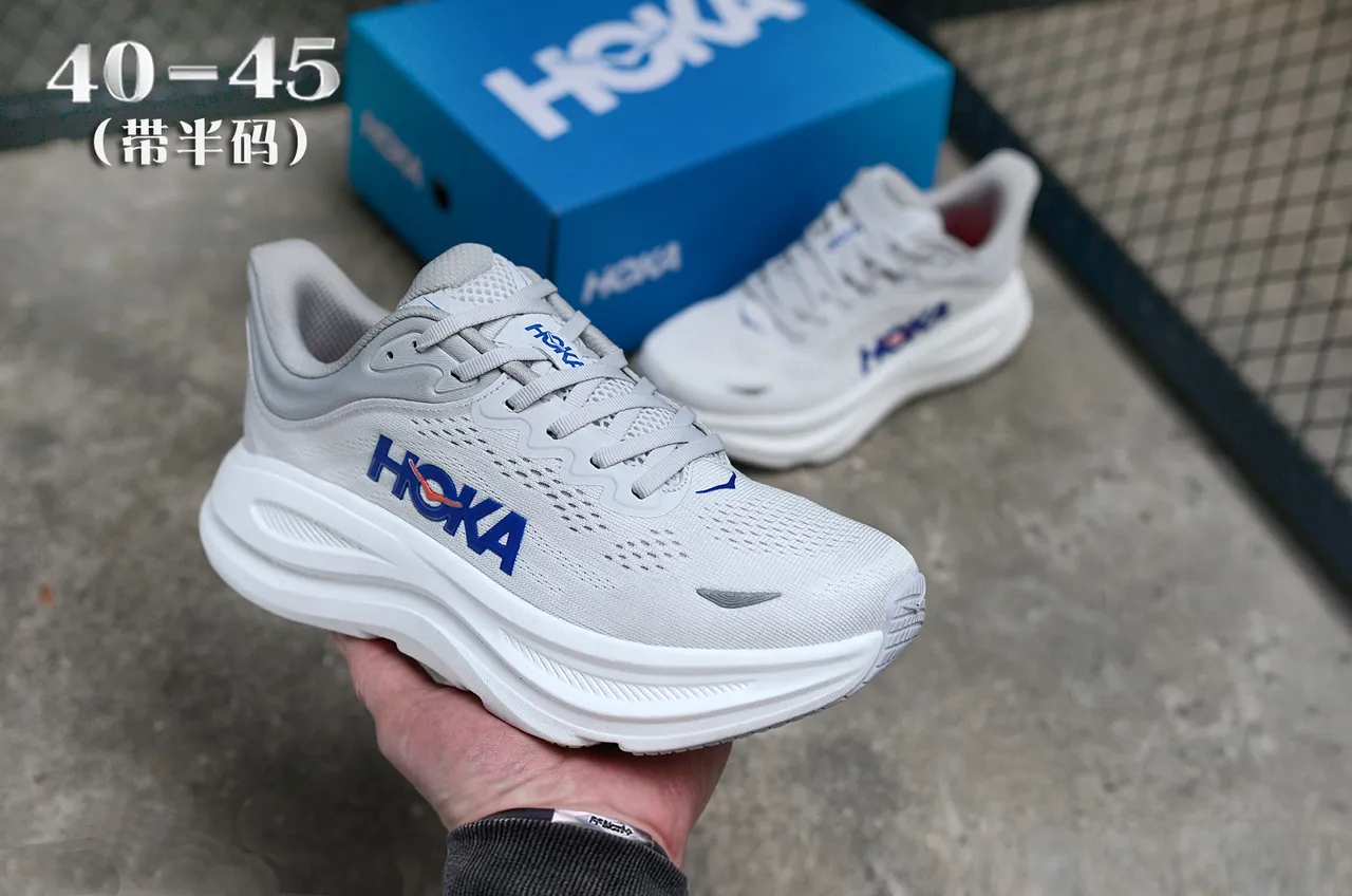 Hoka Clifton Gris Bleu Tige en Maille Ingénierie Semelle Médiane Blanche Épaisse Chaussures de Course 3