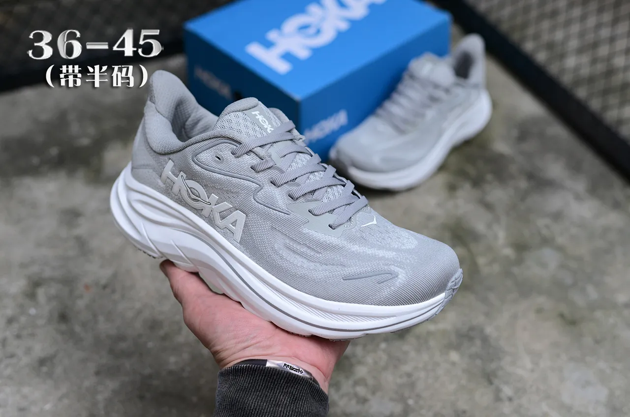 Hoka Clifton Gray White Engineered Knit Upper Sculpted Midsole Running Shoes 3