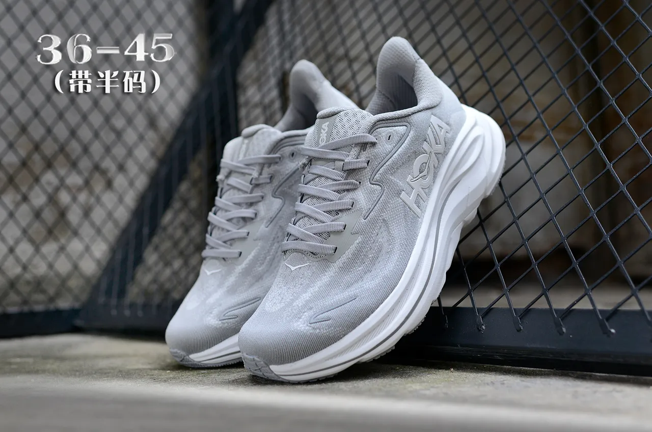 Hoka Clifton Gray White Engineered Knit Upper Sculpted Midsole Running Shoes 5