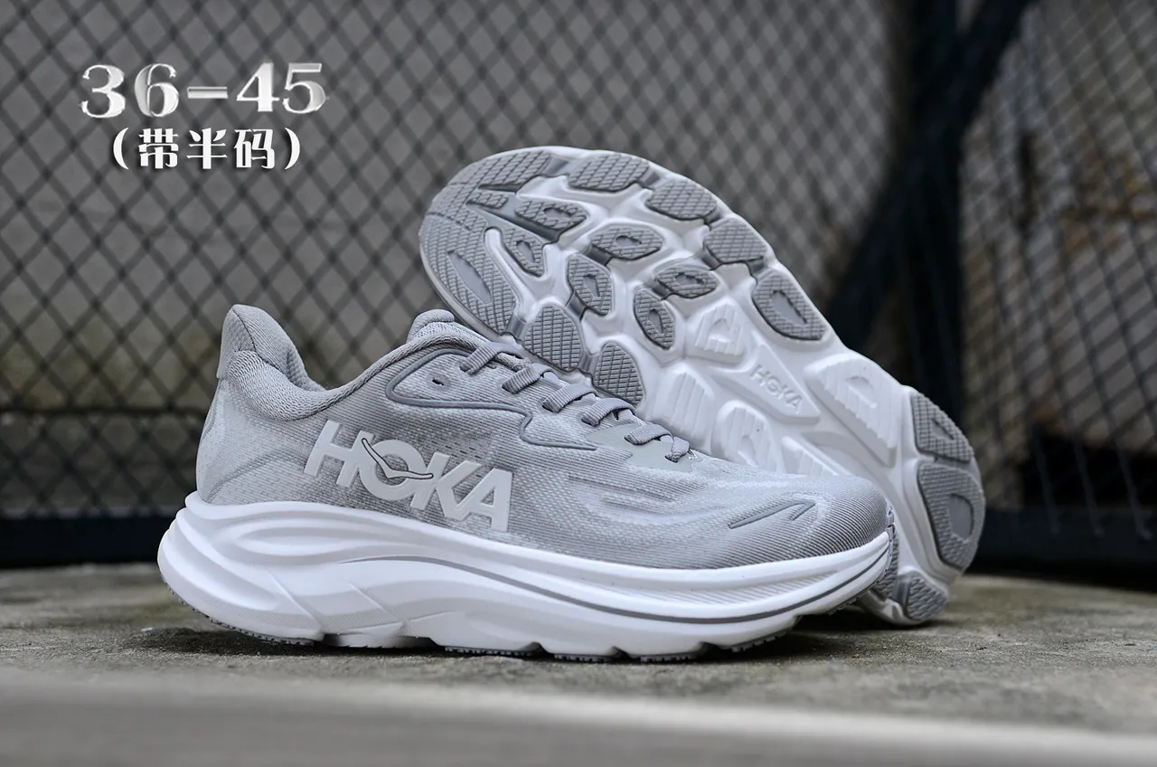Hoka Clifton Gray White Engineered Knit Upper Sculpted Midsole Running Shoes 7