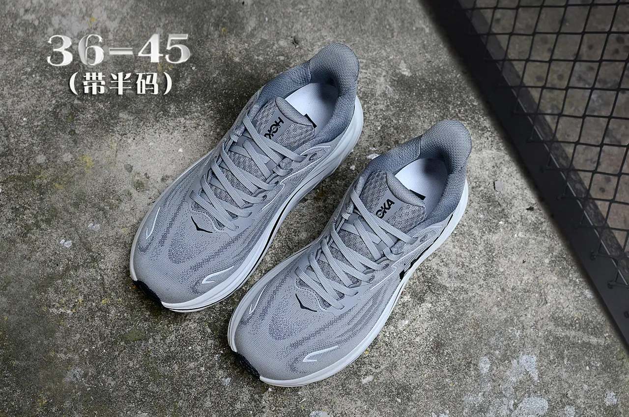 Hoka Gray White Engineered Knit Upper Maximalist Midsole Running Shoes 3