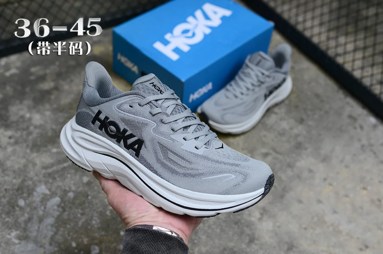 Hoka Gray White Engineered Knit Upper Maximalist Midsole Running Shoes 4