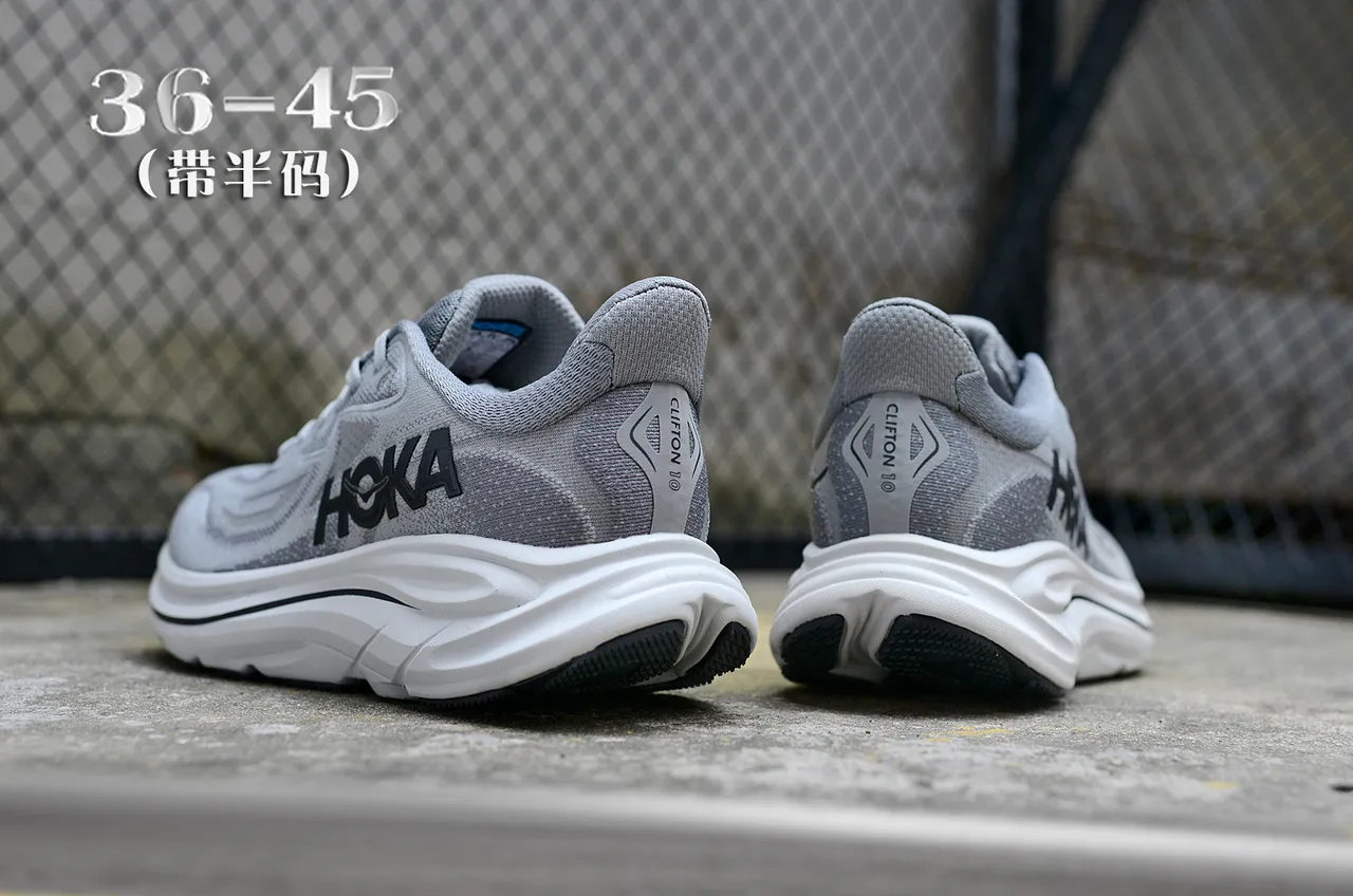 Hoka Gray White Engineered Knit Upper Maximalist Midsole Running Shoes 6