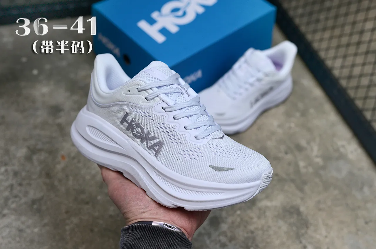 Hoka White Silver Monochrome Breathable Knit Upper Running Shoes 3