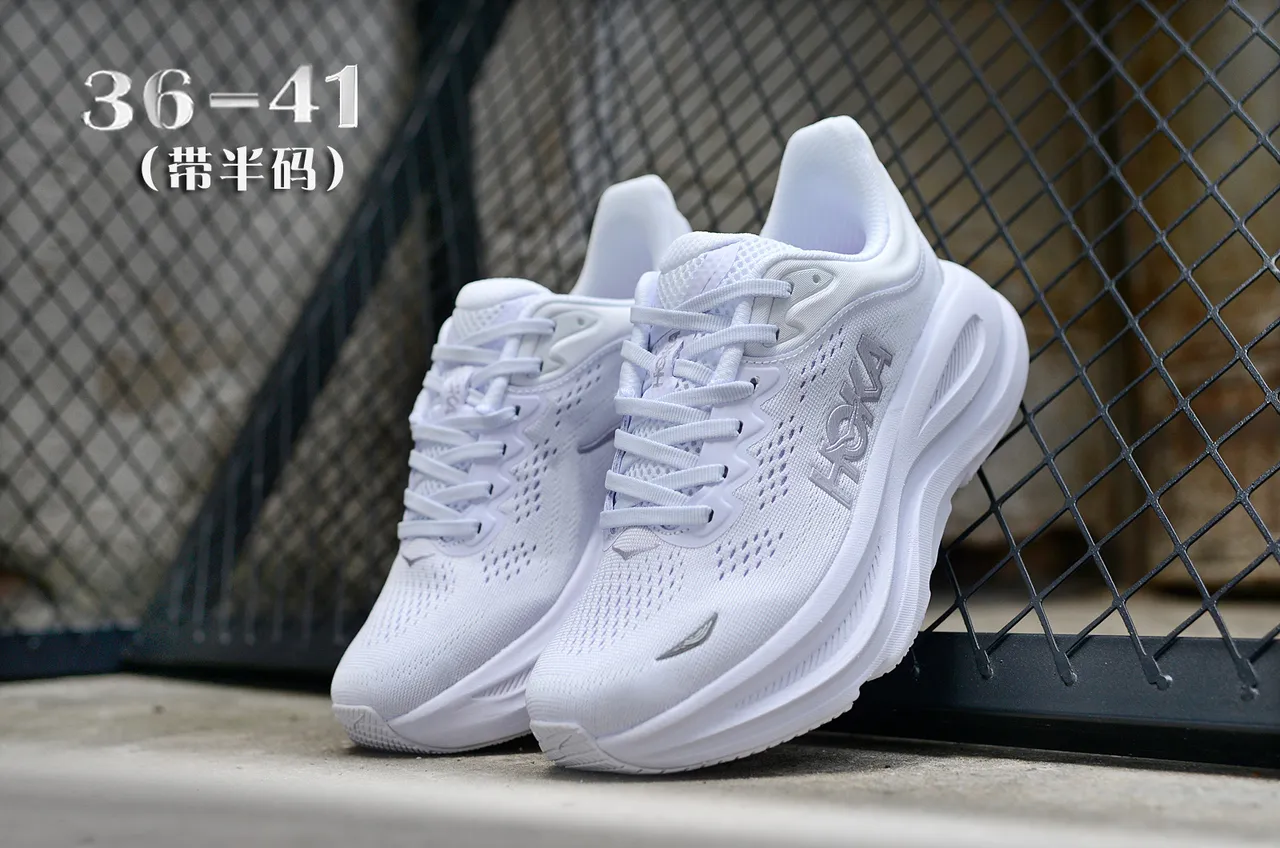 Hoka White Silver Monochrome Breathable Knit Upper Running Shoes 5