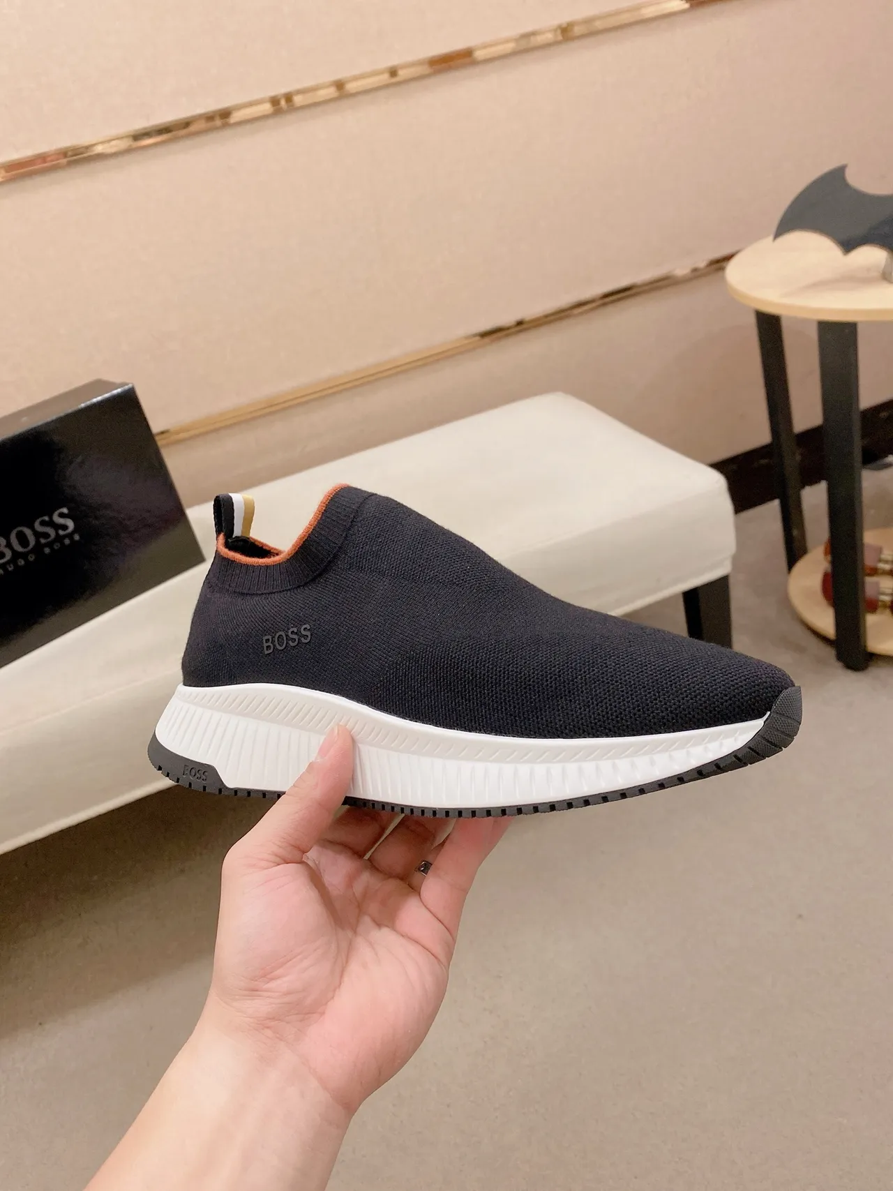 Hugo Boss Black White Knit Slip-On Sculpted Midsole Sneakers 5