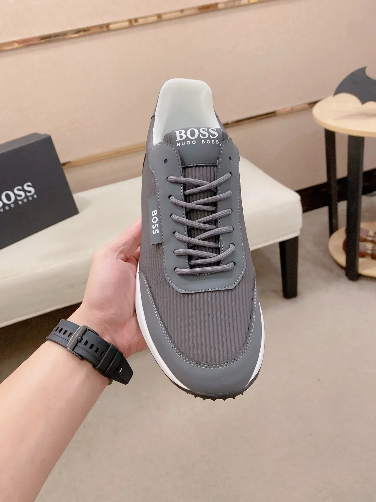 Hugo Boss Gray White Ribbed Textile Upper Smooth Synthetic Overlays Sneakers 2