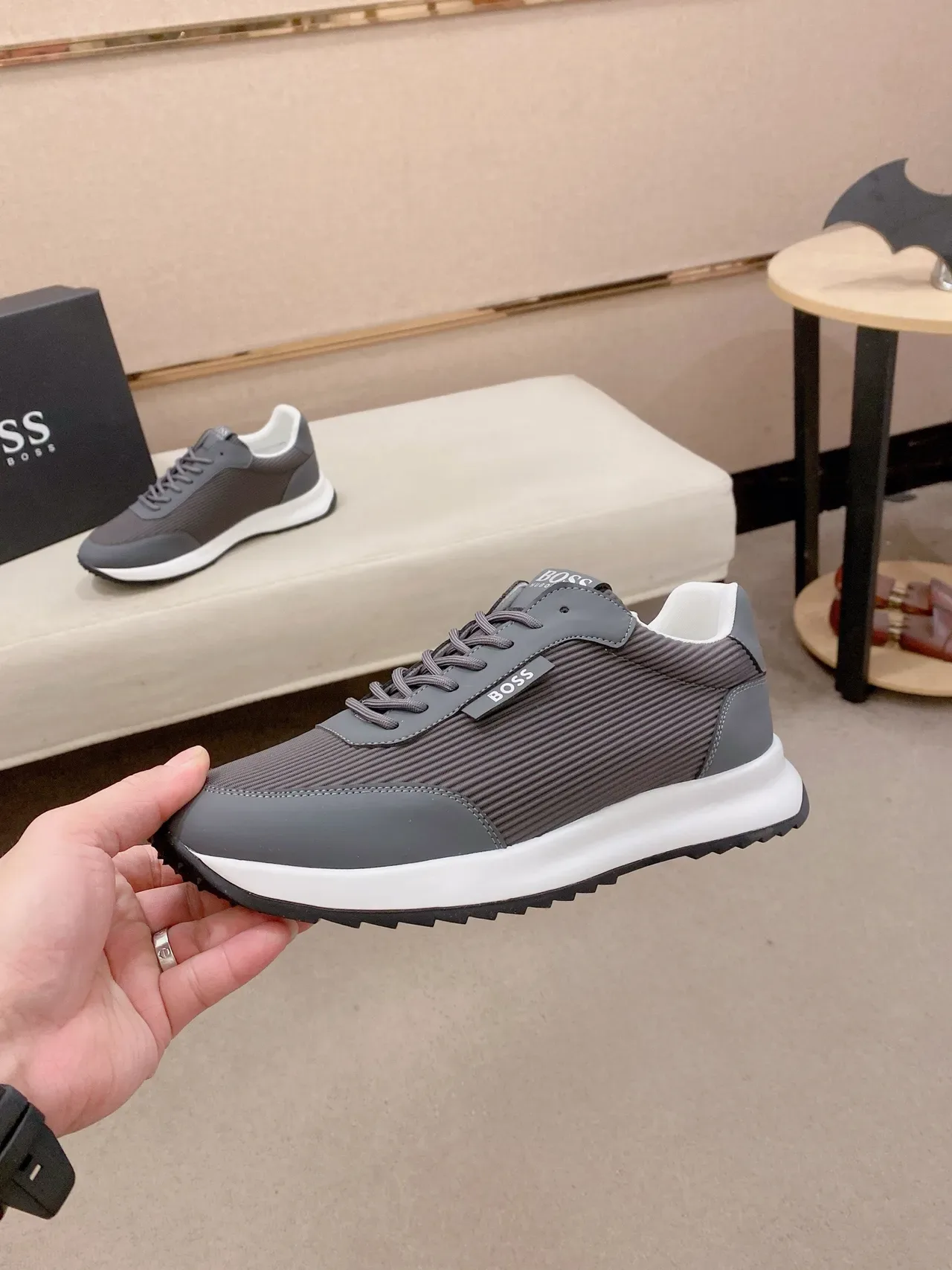 Hugo Boss Gray White Ribbed Textile Upper Smooth Synthetic Overlays Sneakers 3