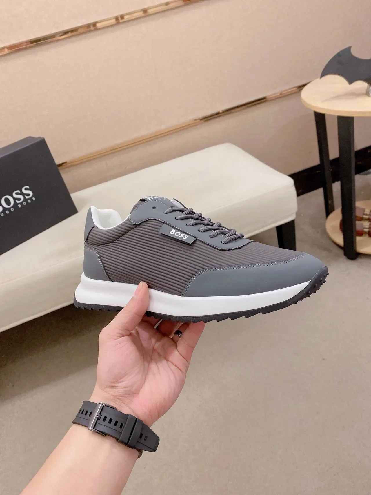 Hugo Boss Gray White Ribbed Textile Upper Smooth Synthetic Overlays Sneakers 4