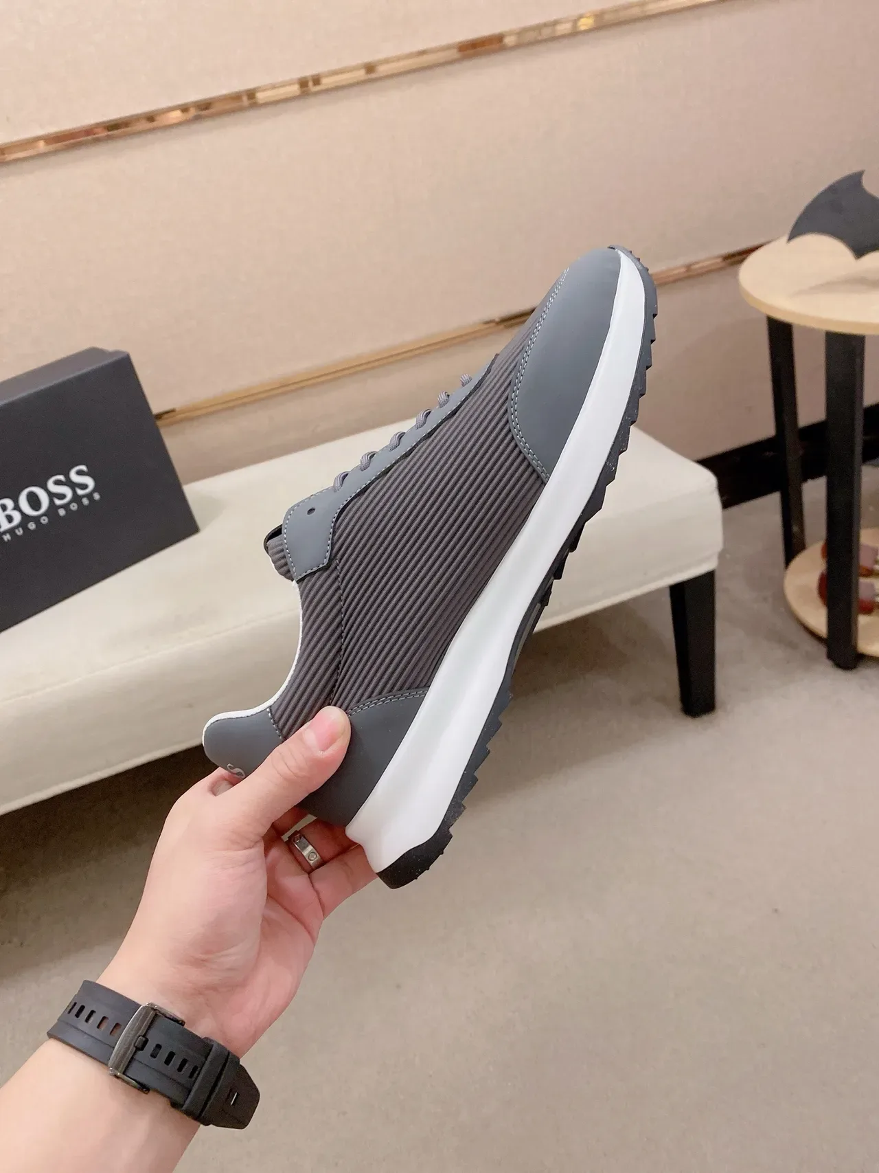 Hugo Boss Gray White Ribbed Textile Upper Smooth Synthetic Overlays Sneakers 5