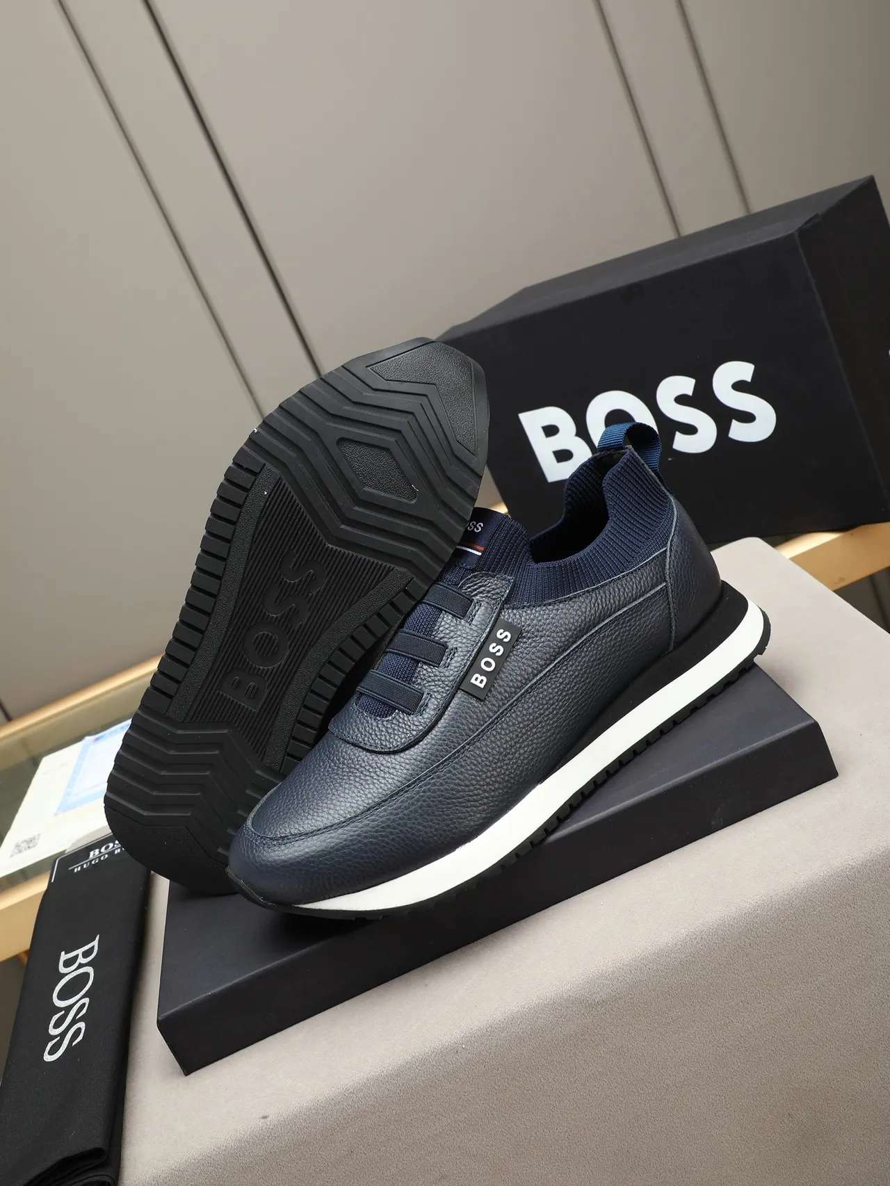 Hugo Boss Navy Pebbled Leather Laceless Slip-On Sneaker 4
