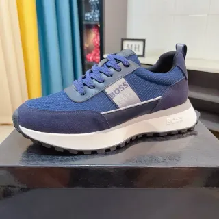 Hugo Boss 海军蓝白色分层网面和麂皮鞋面宽平台鞋底生活方式运动鞋